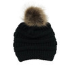 Front of black ponytail beanie with brown pompom. 