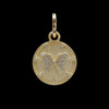 Gold-plated butterfly disc pendant with CZ stones on black background. 