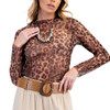 Long Sleeve Leopard Print Mesh Fitted Top - front view