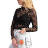 Long Sleeve Ruched Sides See Through Lace Layering Top - Black - side view