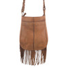 Crossbody leather fringe purse close-up backside. 