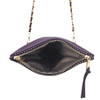 Dark plum shoulder purse with a chain shoulder strap, close-up picture of the inside of the purse. 