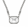 Large, clear, rectangular crystal and silver-plated chain necklace close-up. 