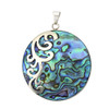 Round paua shell pendant with silver overlay design. 