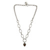 Silver-plated mixed-link chain necklace made in Turkey with textured oval links and a faceted smoky brown heart pendant on a white background.