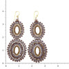 Large dangle lavender and taupe colored beaded earrings with a ruler. 