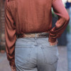 BED|STU Woven Genuine Leather Belt - Starry Night Tie Dye on a model back view.
