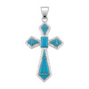 Sterling silver cross pendant with Kingman turquoise and opal geometric inlay, handcrafted in New Mexico, USA.