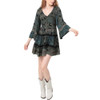 Angie Clothing Smocked Bodice V-Neck Bell Sleeve Short Dress - model front view
