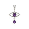 Amethyst Evil Eye .925 sterling silver pendant featuring an oval purple gemstone and dangling teardrop amethyst.