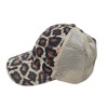 Side view of oversized leopard print baseball hat with distressed detailing and breathable tan mesh back.