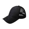 Front and side view of women's black-on-black camouflage baseball cap featuring a curved bill, black mesh panels and a high ponytail opening.