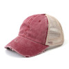 Front and side view of women's faded burgundy baseball hat featuring distressed detailing, a curved bill and contrasting tan mesh back.