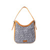 Myra Desert Snow Leopard Leather Hobo Shoulder Bag featuring black-and-white snow leopard-print canvas, tan leather trim, curved top, matching leather shoulder strap, and Myra logo patch.