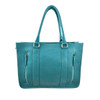 Back view of the Myra Antonia Trail Western Tote Bag featuring rich turquoise textured leather, double leather handles, contrast stitching, and two vertical zippered pockets with matching turquoise leather pulls.