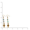 Phoebe Imperial Turquoise Beaded Cross Drop Earrings displayed against a white background with a measurement scale showing their approximate 2.5-inch length, antique gold-tone finish, and turquoise-colored beads.