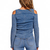 POL Clothing Cold Shoulder Buckle Long Sleeve Top – Washed Midnight Blue - back view