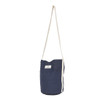 BATELA navy blue cotton bucket crossbody purse featuring a textured fabric exterior, contrasting cream shoulder strap, and front BATELA logo patch. A lightweight, casual handbag with a classic bucket silhouette.