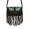 Close-up front view of Wrangler brown leather fringe crossbody purse showcasing turquoise and cream embroidery, braided leather detailing, and long Western-style fringe.