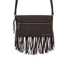 Back view of Wrangler brown leather fringe crossbody bag featuring an exterior zippered pocket, Wrangler logo, braided leather shoulder strap, and long leather fringe.