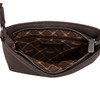 Interior view of Wrangler brown leather crossbody bag featuring signature Wrangler patterned fabric lining, interior zippered pocket, and silver-tone zipper closure.