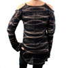 TParty black and tan striped dyed burnout lightweight cold shoulder sweater.