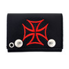 Red iron cross embroidered black leather wallet.