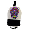 Sturdy Natural & Black Duffel Bag Drawstring Backpack Sack with Bright Colorful Day of the Dead Design