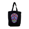 Black Tote Bag Beach Purse with Bright Colorful Day of the Dead Skull