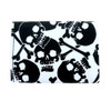 White leather wallet with black skulls and crossbones.