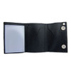 White leather wallet with black skulls and crossbones.