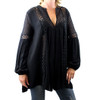 Women's Black Long Sleeved Bohemian Blouse with Embroidered Lace Detail