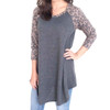 Women's Gray Brown Leopard Print Long Sleeved Raglan Tunic Top