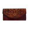 Women's Brown Leather Wallet Checkbook Style with Embossed Flowers