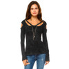 Black Women's Mineral Washed Long Sleeve Shirt with Cold Shoulder Detail