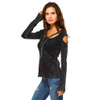 Black Women's Mineral Washed Long Sleeve Shirt with Cold Shoulder Detail