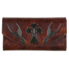 Women's Brown Leather Wallet Checkbook Style with Embossed Cross Fleur de Lis