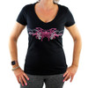 Women's Butterfly Design Black V Neck Tee Shirt Short Sleeve