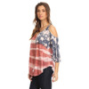 Women's American Flag Print 3/4 Sleeve Shirt with Cold Shoulder