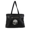 Backside of black leather travel bag with silver skull. 