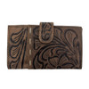 Front side of mushroom brown leather wallet cell phone case. 
