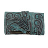 Backside of aqua green leather wallet cell phone case. 