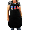 Red, white and blue USA on black cotton apron. 