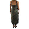 Women's green floral maxi dress with lace trim backside view. 