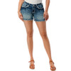 Grace in LA Aztec Embroidered Frayed Hem Stretch Denim Shorts front view