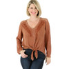 Brown Embroidered Tie Front Top with Lace Details