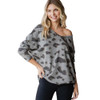 Grey Heather Animal Print Lightweight Knit Sweater front view tucked and off one shoulder