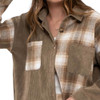 Blu Pepper Contrast Plaid Flannel and Corduroy Button Up Cropped Jacket close up front view