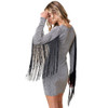 Metallic Silver Bodycon Long Sleeve Mini Dress with Fringe back sleeve view