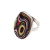 Front view of large oblong Fordite adjustable sterling silver ring.